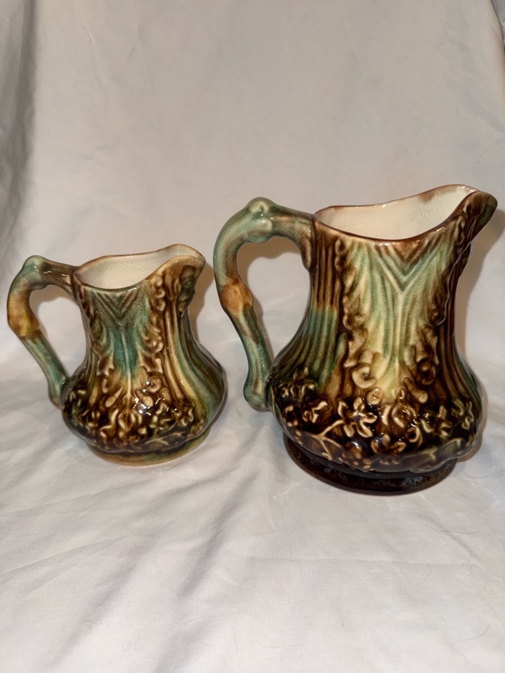 Vintage Drip Glaze Majolica style Ceramic Pitcher & Creamer Set - Green Brown